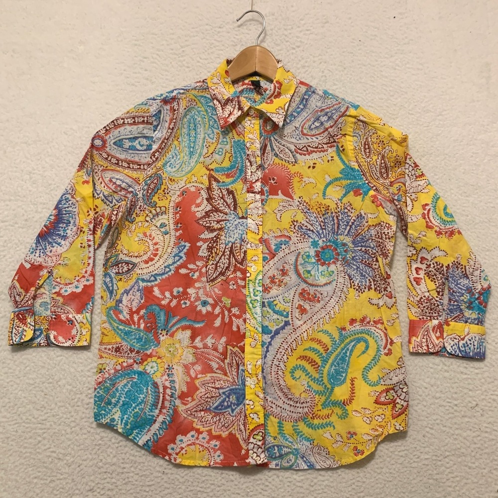 Lauren Ralph Lauren Paisley Cotton Button Down Shirt Womens L 3/4 Sleeve